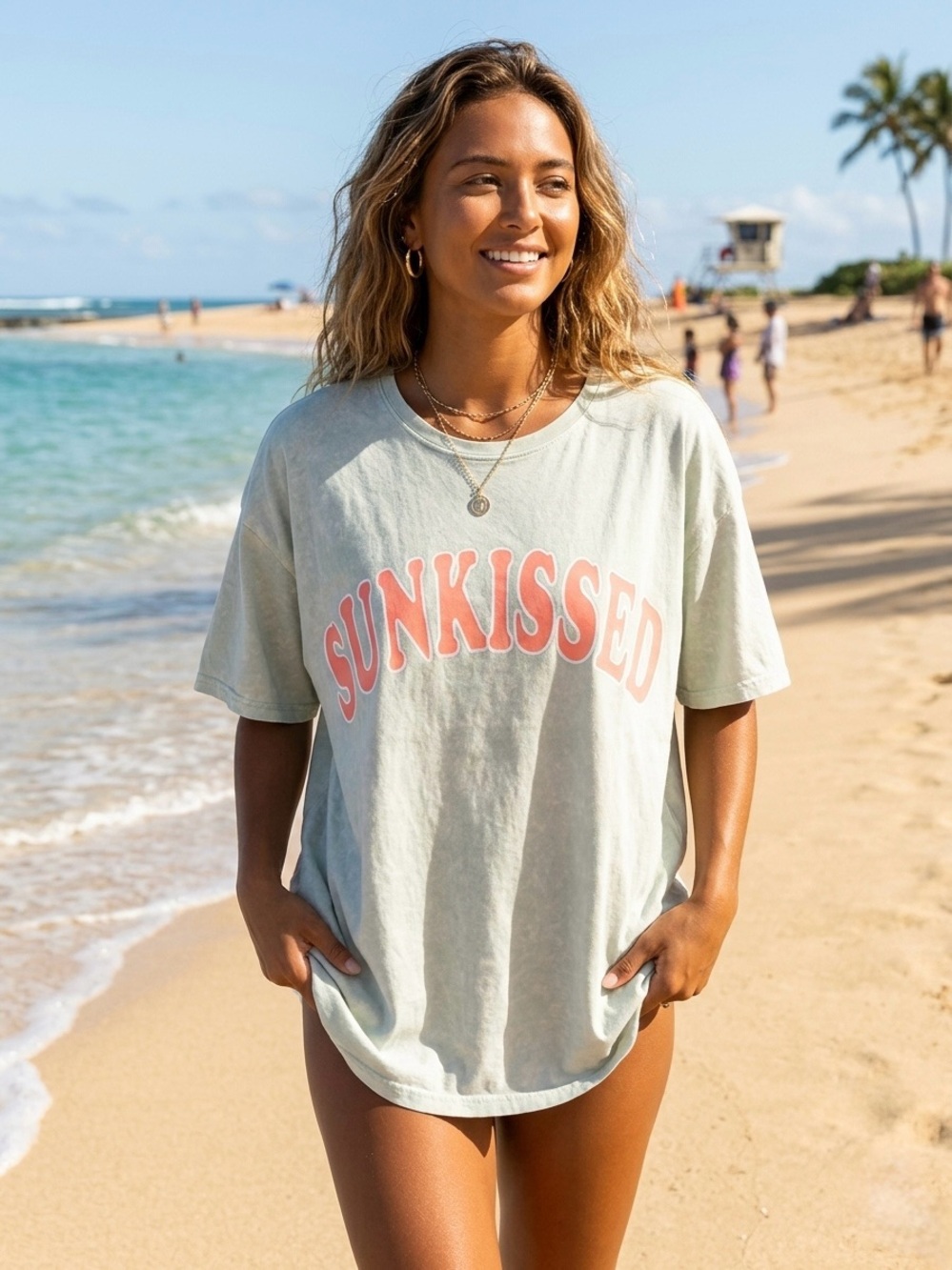☀️💋EUC Arula “Sunkissed T-Shirt"💯% Cotton🙌🏻 Mineral Wash Mint w/Coral🪸Font 2X/3X